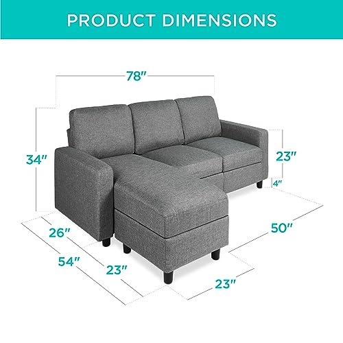 Best Choice Products Upholstered Sectional Sofa for Home, Apartment, Dorm, Bonus Room, Compact Spaces w/Chaise Lounge, 3-Seat, L-Shape Design, Reversible Ottoman Bench, 680lb Capacity - Gray - color: Linen - Gray