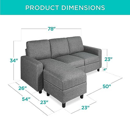 Best Choice Products Upholstered Sectional Sofa for Home, Apartment, Dorm, Bonus Room, Compact Spaces w/Chaise Lounge, 3-Seat, L-Shape Design, Reversible Ottoman Bench, 680lb Capacity - Gray - color: Linen - Gray