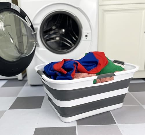 SAMMART Collapsible Plastic Laundry Basket Washing Tub Foldable Pop Up Storage Container-Space Saving/Portable Laundry Hamper. Ideal for Home, Travel, Dorm, and Camping (White/Steel Grey, 42L) - color: White/Steel Grey, size: 42L
