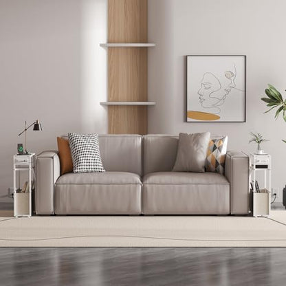 Leomonio White Side Table with Charging Station, Slim End Tables with Linen Basket, Skinny Table for Small Spaces, Thin Bedside Table for Living Room, Bedroom - color: White + Camel Brown - Outlet