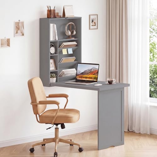 Giantex Wall Mounted Desk, Foldable Convertible Computer Desk with Storage Shelves, Space Saving Fold Out Table, Folding Floating Writing Desk for Small Spaces, Home Office, Bedroom, Apartment (Grey) - color: Grey