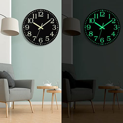 Wall Clock Glow in the Dark Clocks Battery Operated Silent 12 Inch | Black Wood Wall Clock Non-Ticking Analog Luminous Clock for Living Room Bedroom Office Kitchen Classroom Bathroom - color: Luminous -Black
