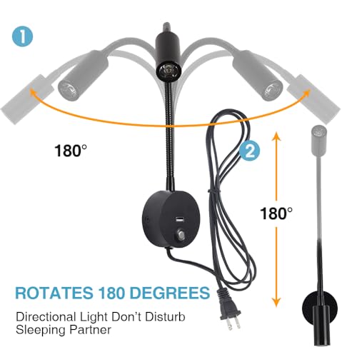 Dimmable Wall Mounted Reading Light with USB Charging Port, Plug-in LED Headboard Reading Light, Bedside Spot Wall Lamps with Flexible Gooseneck, Black Finished - color: Dimmable/3 Color/USB/Black