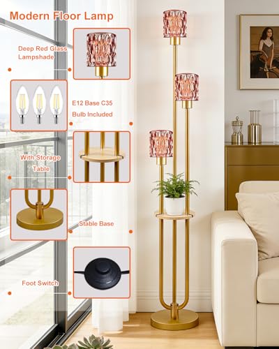 62IN Gold Floor Lamp with Deep Red Glass Shade 3-Lights Mid-Century Modern Farmhouse Floor Lamps with 3000K Warm White Bulbs, Tall Standing Lamp with 5Lbs Heavy Base for Living Room/Bedroom - color: 3 Deep Red Cylinder-Gold
