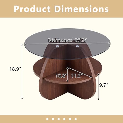 29.5" Round Coffee Table, Mid-Century Modern Center Table with Tempered Glass Top and Storage Shelves, Walnut Wood Base with Open Storage for Living Room, Apartment, Small Space - color: Walnut, size: 29.5" Fan-Shaped
