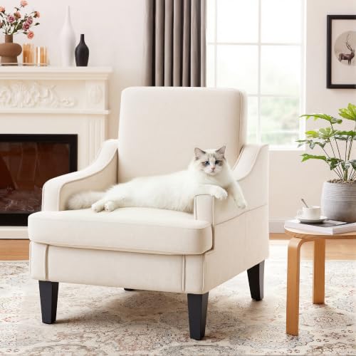 Accent Chair for Living Room,Mid-Century Arm Chair Fabric Living Room Chairs,Upholstered Reading Chair for Bedroom,Single Sofa Chair with Wood Legs for Apartment (Beige) - color: Beige