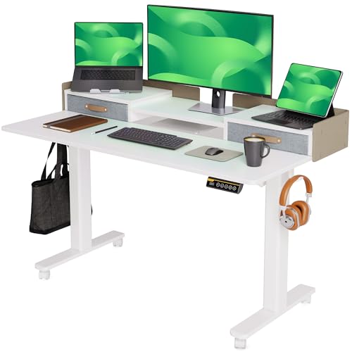 Claiks Standing Desk with Drawers & Wheels, 2 Height Shelf 55inch White | 2 height adjust shelf, tabletop drawers, felt fence design, sturdy supports 176 lbs, 4 wheels, 2 tire monitor stand - color: White, size: 55.1×23.6