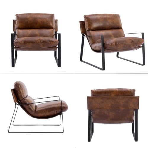 1-Pack Brown PU Leather Accent Chair, Modern Living Room Chair | Comfy Armchairs, Upholstered Lounge Armchair, Removable Seat Cushion, Black Metal Frame, For Reading Room, Bedroom, Balcony - color: Brown-black Legs, size: 1PC