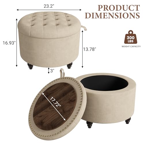 24 Inch Round Storage Ottoman,Modern Tufted Ottomans,Circular Coffee Table with Removable Top,Upholstered Large Ottoman with Storage Footrest Stool for Bedroom Living Room (Lightbrowm) - color: Lightbrown, size: 24"D x 24"W x 16.9"H