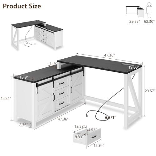 L Shaped Desk With Drawers, Farmhouse Executive Wood Home Office With Power Outlet, Rustic Reversible Computer With Storage Cabinet, Double Sliding Barn Door and Adjustable Shelves