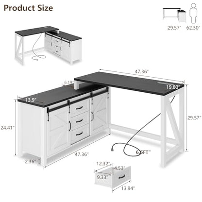 L Shaped Desk With Drawers, Farmhouse Executive Wood Home Office With Power Outlet, Rustic Reversible Computer With Storage Cabinet, Double Sliding Barn Door and Adjustable Shelves