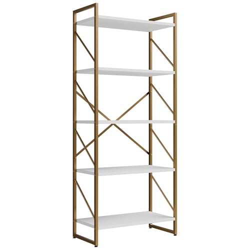 Shintenchi 5 Tiers Bookshelf, Classically Tall Bookcase Shelf,Industrial Book Rack,Modern Book Holder in Bedroom/Living Room/Home/Office, Storage Rack Shelves for Books/Movies,Gold - color: Gold