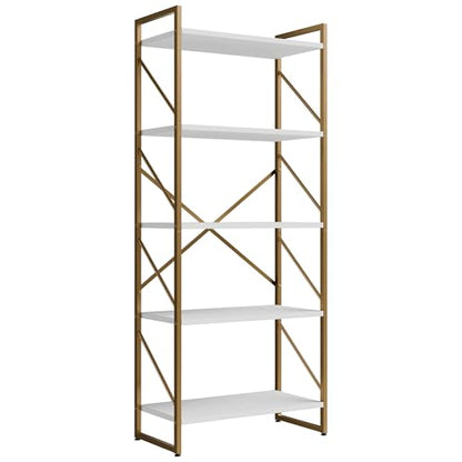 Shintenchi 5 Tiers Bookshelf, Classically Tall Bookcase Shelf,Industrial Book Rack,Modern Book Holder in Bedroom/Living Room/Home/Office, Storage Rack Shelves for Books/Movies,Gold - color: Gold