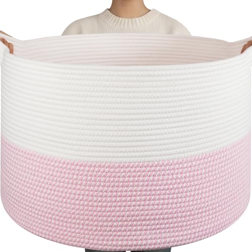 OIAHOMY 115L Extra Large Blanket Basket for Living Room, 23.6" x 15.4" Woven Cotton Rope Laundry Basket for Organizing Pillows, Decorative Stuffed Animal Toy Storage for Nursery, White and Pink - color: White and Pink, size: 23.6"D x 15.4"H