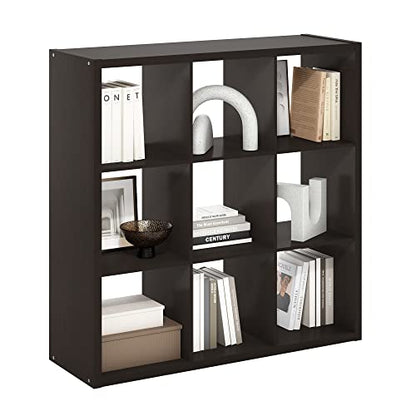 Furinno CUBICLE 9-Cube Book Shelf, Extra Thick Frame Bookshelf, Dark Oak | 14.6" x 44" x 44", Reversible Bookcase with Open Back, for Living Room, Bedroom, Home Office - color: Dark Oak, size: 9-Cube