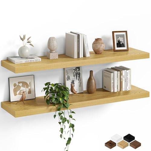 Fun Memories Floating Shelves for Wall, 40 Inch Long Set of 2 Rustic Wood Wall Shelves with Invisible Brackets, Heavy Duty Storage Display for Living Room Bedroom Kitchen, Oak - color: Oak, size: 40"W x 8"D, Set of 2