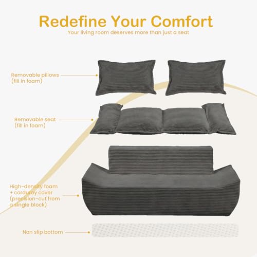 69" Boneless Couch, 3-Seater Oversized Boneless Loveseat Sofa with Removable Cushions & 3 Pillows, Deep Seat Compress Foam Sofa for Living Room, Apartments, & Office - color: Grey, size: 3 Seater (69")