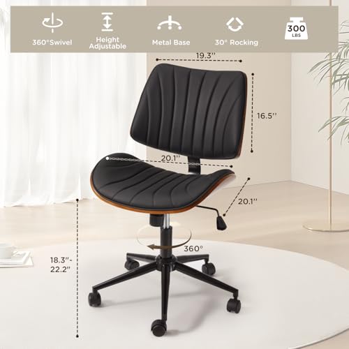 EROMMY Armless Office Desk Chair,Wooden Back Small Office Desk Chair No Arms Adjustable Height Modern Armless Chairs with Swivel Wheels for Small Spaces, Black - color: Black