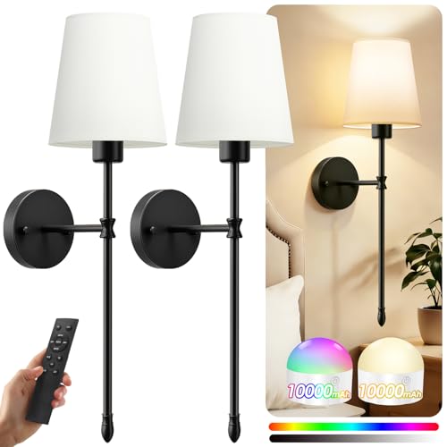 OCATO Wall Sconces Battery Operated 10000mAh Wireless Wall Sconces Set of 2 | Rechargeable Wall Lights with 10000mAh Dimmable Bulbs and Remote 7 Colors Wireless Wall Lamps for Bedroom Living Room Hallway - color: Black