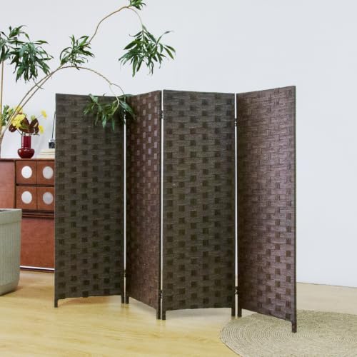 4 Panel Double Sided Short Room Divider for Room Separation, Dark Brown Rattan Folding Privacy Screen, Freestanding Partition Screen for Home Office - 3.95 ft Tall - color: Dark Brown, size: 4 Panel