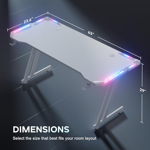 HLDIRECT 63 Inch Gaming Desk with App-Controlled RGB LED Lights, White | Z-shaped frame design, cup holder, headphone hook, cable management & mouse pad, for dual-monitor gaming and work setup - size: 63 INCH WHITE