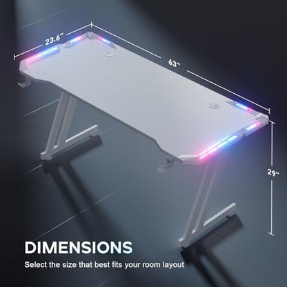 HLDIRECT 63 Inch Gaming Desk with App-Controlled RGB LED Lights, White | Z-shaped frame design, cup holder, headphone hook, cable management & mouse pad, for dual-monitor gaming and work setup - size: 63 INCH WHITE
