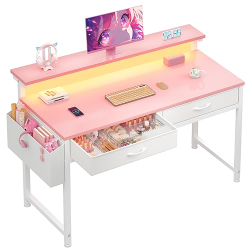 DurayLoly 39.4” Office Computer Desk with LED Lights&2 Fabric Drawers,Pink | Gaming Desk with Side Pocket&Ergonomic Monitor Stand,Small Space Writing Table: Sturdy Metal Fram, Anti-Tip Design for Teen - color: Pink, size: 39.4 Inch