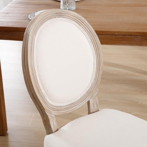 Kmax Farmhouse Dining Room Chairs, Brown Wood Legs Elegant Tufted Kitchen Chairs, French Distressed Bedroom Chairs with Round Back, Set of 4, Beige - color: Antique Brush-fabric-beige, size: 4 Chairs