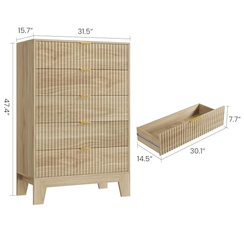 IDEALHOUSE 5 Drawer Dresser for Bedroom, Fluted Dresser for Bedroom | Fluted Door, Sturdy Structure, Easy to Clean - color: Oak, size: 31.5"D x 15.6"W x 47.2"H (5 Drawers)