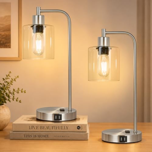 Industrial Touch Control Table Lamps Set of 2 - Brushed Nickel Nightstand Bedside Lamps with 2 USB Ports & AC Outlet, 3-Way Dimmable Desk Lamp for Bedroom Living Room, Glass Shade & LED Bulbs Included - color: Brushed Nickel(2 pack) - Clear Glass-Touch Co