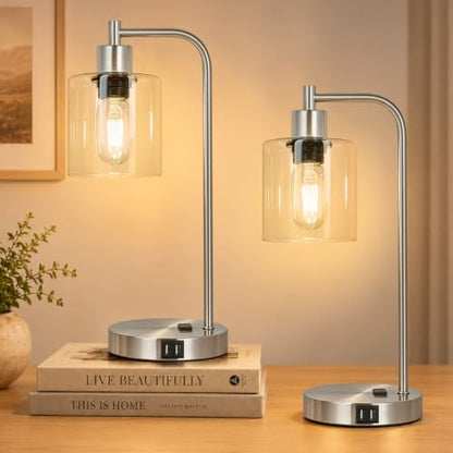 Industrial Touch Control Table Lamps Set of 2 - Brushed Nickel Nightstand Bedside Lamps with 2 USB Ports & AC Outlet, 3-Way Dimmable Desk Lamp for Bedroom Living Room, Glass Shade & LED Bulbs Included - color: Brushed Nickel(2 pack) - Clear Glass-Touch Co