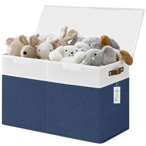 Large Toy Storage Box with Lids, Collapsible Sturdy Baby Storage Organizer Chest Bin Basket for Kids, Boys, Girls, Playroom, Nursery, Bedroom, Closet 25"x13"x16" (Navy Blue and White) - color: Navyblue and White