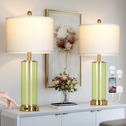 Ruzectt 26" Green Glass Table Lamps for Bedside, Modern Living Room Lamps Set of 2, Elegant Coastal Bedroom Lamp with USB A+C Ports & AC Outlet, 3-Way Dimmable Touch Lamp for Nightstand Dining Table - color: Green