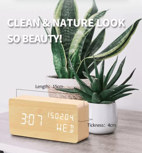 Wood Digital Alarm Clock Desk Time, Date(MM/DD/YY), Day of The Week, Temperature, Nightlight Large LED Display Portable Lamp Bedroom, Office, School, Home, Livingroom, Room (Bamboo) - color: Bamboo