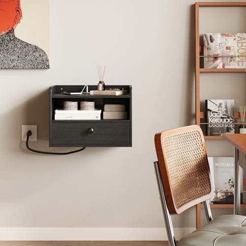 Floating Nightstand Set of 2 Modern Night Stands with Drawer and Open Shelf | Cubby Small Bedside End Table with Charging Station Wall Mounted Nightstands Set 2 for Bedroom Black - color: Black