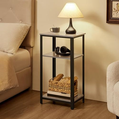 Yaheetech 29.5in Tall End Table, Small Narrow Industrial Nightstand, Gray | Side Table for High-Arm Sofas and Tall Beds, 2 Wood Grain Shelves for Drinks and Storage, Slim 12in Depth, Iron Frame - color: Grey
