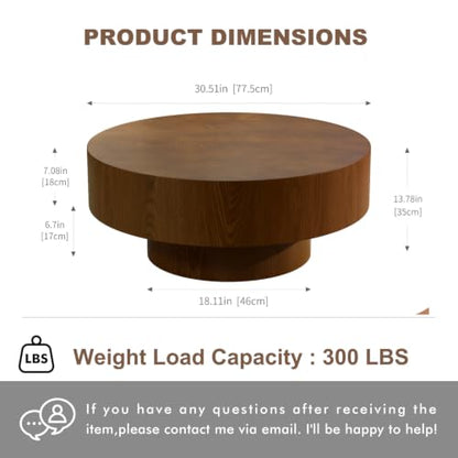 Brown Round Drum Coffee Table with Pedestal Base | 30.5'' Modern Wooden Drum Center Table, Brown Wood Finish Drum Shape, Wooden Structure, For Living Room & Apartment - color: Brown