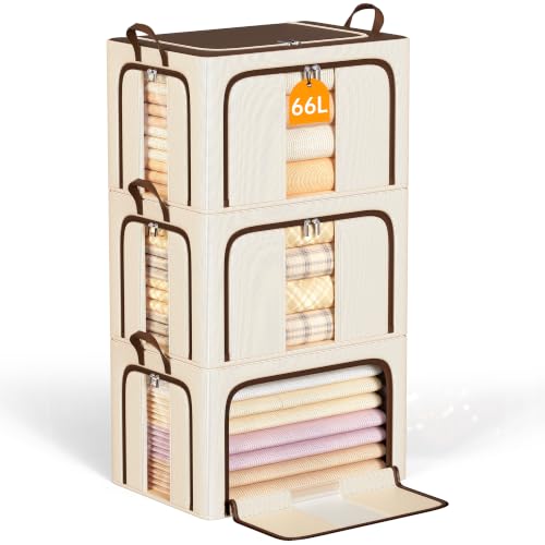 3 Openings Clothes Storage Bins with Metal Frame，66L (brown) | Oxford-Gewebe - color: Brown, size: 66L（19.7“X15.7"X13"）