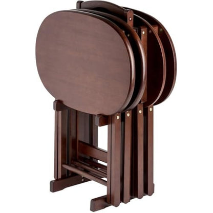Pemberly Row 5-Piece Solid Wood Snack Table Set, Oval Shape, Cappuccino Finish, Includes Storage Stand, Portable Folding Tables for Living Room or Home Office