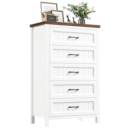 Jocoevol 5 Drawer Dresser for Bedroom - Farmhouse 44.9" Tall Chest of Dresser with Large Storage, Rubst Wood Construction for Living Room, Hallway & Entryway - White (White & Brown) - color: White & Brown