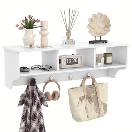 RELAX4LIFE Coat Rack Wall Mount with Shelf, 31’’ Wood Hanging Shelf with Storage, 3 Cubby Compartment & 4 Hooks for Entryway Bathroom Kitchen, Wall Mounted Floating Shelf with Hooks (White) - color: White