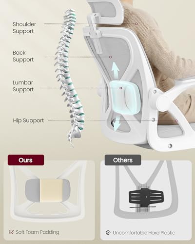 VASAGLE Office Chair, Adjustable Mesh with Lumbar Support and Headrest | Ergonomic desk chair, 90-105° tilt function, wide seat, flip-up armrests, Dove Gray UOBN044GD01S - color: Dove Gray, size: Set of 1, style: Office Chair With Headrest