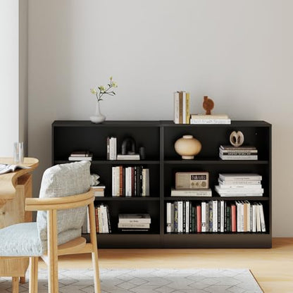 IRONMIX Short Bookshelf for Classroom, 3-Tier Black Metal Bookshcase, Small Bookcase for Small Places, Open Bookshelf with Adjustable Shelves, Cabint Display Case for Home Office, Library, Living Room - size: 31.5" W-35.5" H - 2 set