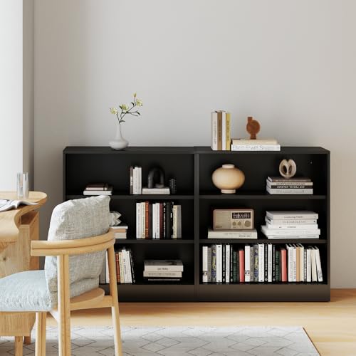 IRONMIX Short Bookshelf for Classroom, 3-Tier Black Metal Bookshcase, Small Bookcase for Small Places, Open Bookshelf with Adjustable Shelves, Cabint Display Case for Home Office, Library, Living Room - size: 31.5" W-35.5" H - 2 set