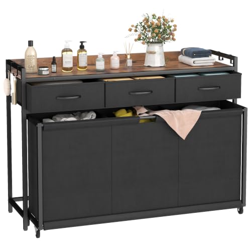 Laundry Hamper Laundry Basket with 3 Section Pull-Out Rolling Bags, Laundry Sorter for Organization and Storage with 2 Pull-Out Drawers for Laundry Room (Brown+Black, 43.31'' x 31.81'' x 12.6'') - color: Brown+Black, size: 43.31'' x 31.81'' x 12.6''