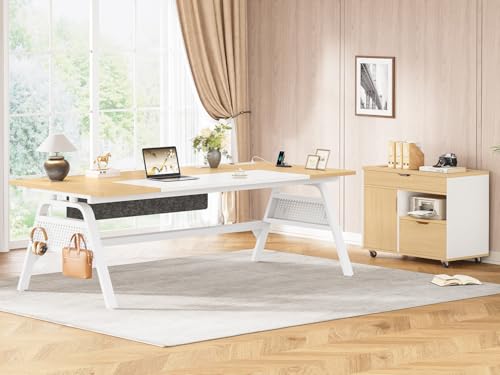 SEDETA L Shaped Computer Desk with Mobile File Cabinet & Power Outlets, Executive Home Office Desk with Storage Drawers, Pegboard, Cable Management, Reversible L Desk for Work & Gaming, White + Oak