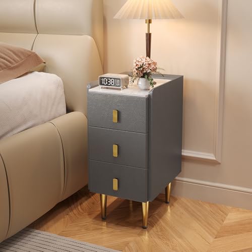 Narrow Nightstand with Drawers, 11.81" Narrow Bedside Table for Bedroom | Solid Wood Narrow Night Stand with Sintered Stone Top & Leather Surface, Slim Nightstand for Small Spaces, Gray - color: Grey, size: 15.7''×11.8''×24.5''