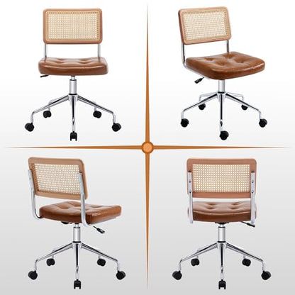 Zesthouse Leather Office Desk Chair with Wheels, Mid Century Rolling Desk Chair with Natural Rattan Back, Modern Swivel Home Office Chair, Small Height Adjustable Computer Task Chair, Brown - color: Brown, size: Armless