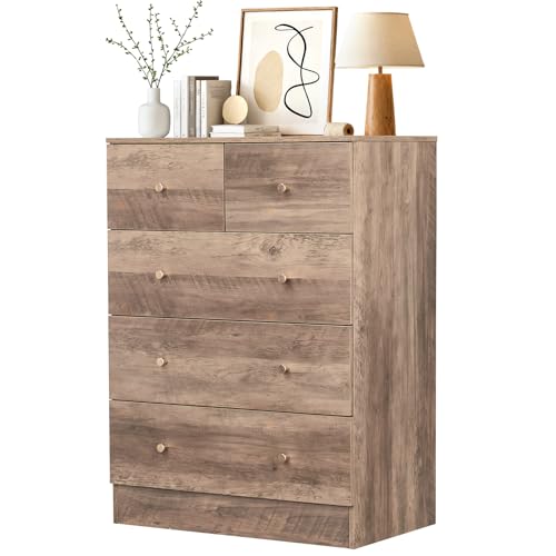 Karl home Grey 5 Drawer Dresser, Wood Chest with Rose Gold Handle | Modern Storage Dresser Nightstand, Multipurpose Furniture with Drawer Organizer, Suitable For Bedroom, Living Room, Hallway - color: Grey-5 Drawer