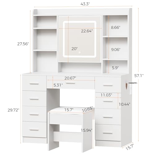BEWISHOME Vanity Desk with Jewelry Storage,Power Outlet and Cushioned Stool | Makeup Vanity Table with Smart LED Mirror,3 Colors,Dressing Table with 9 Drawers and 6 Shelves for Bedroom Girls White